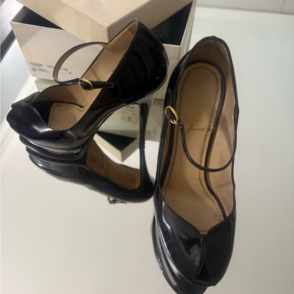 Yves Saint Laurent Patent Tribute 105 Pumps Black Heels Mary Jane Peep Toe YSL - Picture 7 of 7